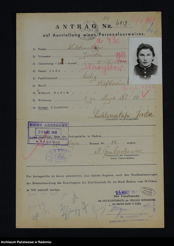 Obraz 18 z jednostki "[Wnioski o wydanie dowodów osobistych oraz nie odebrane dowody Lichtensztajn - Lipszyc]"