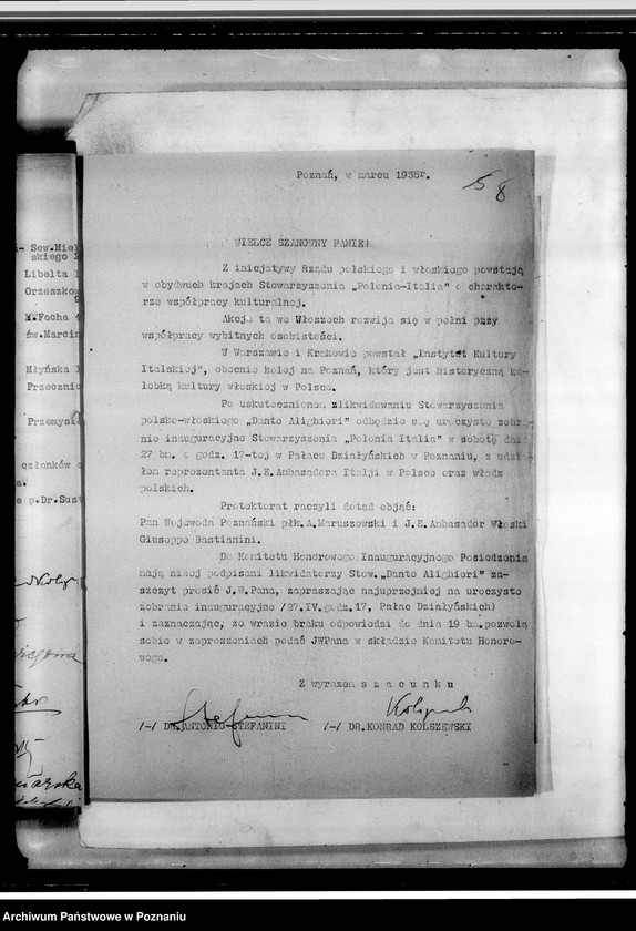 Obraz 12 z jednostki "Stowarzyszenie "Polonia- Italia" w Poznaniu: a/ dokumenty dotyczące założenia Towarzystwa /statut i inne/, b/ sprawozdania roczne z działalności i protokoły zebrań, c/ korespondencja różna, d/ listy członków, e/ druki, afisze"