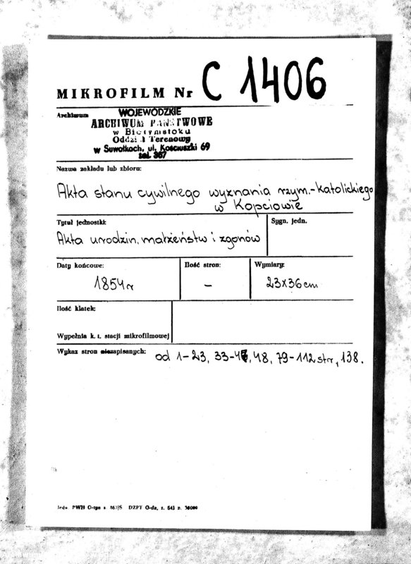 image.from.unit.number "Duplikat Aktów Urodzenia, Małżeństwa i Zeyscia Parafia Kopciowo z Roku 1854"