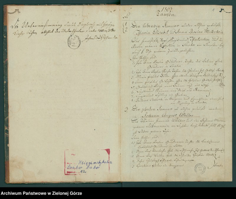 image.from.unit "Verzeichniss derer in der Parochie Saabor vom 1 - ten Januar 1802 bis ult[imo] Decemb[e]r 1803 vorgefallenen Taufen, Trauungen u[nd] Begräbnisse"