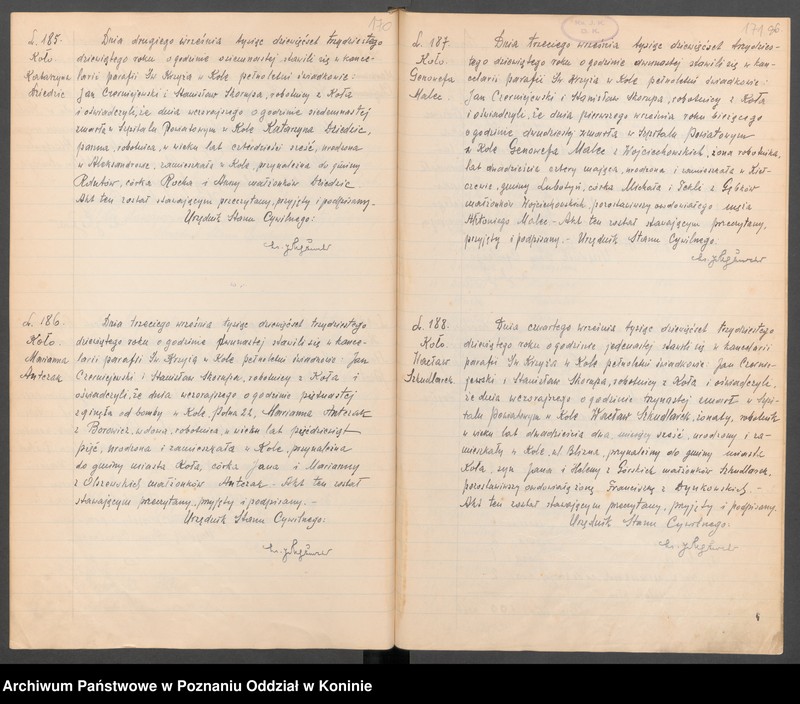 Obraz 2 z kolekcji "Akta zgonów zabitych i zmarłych ofiar bombardowania w Kole w dniu 2 września 1939 r.111"