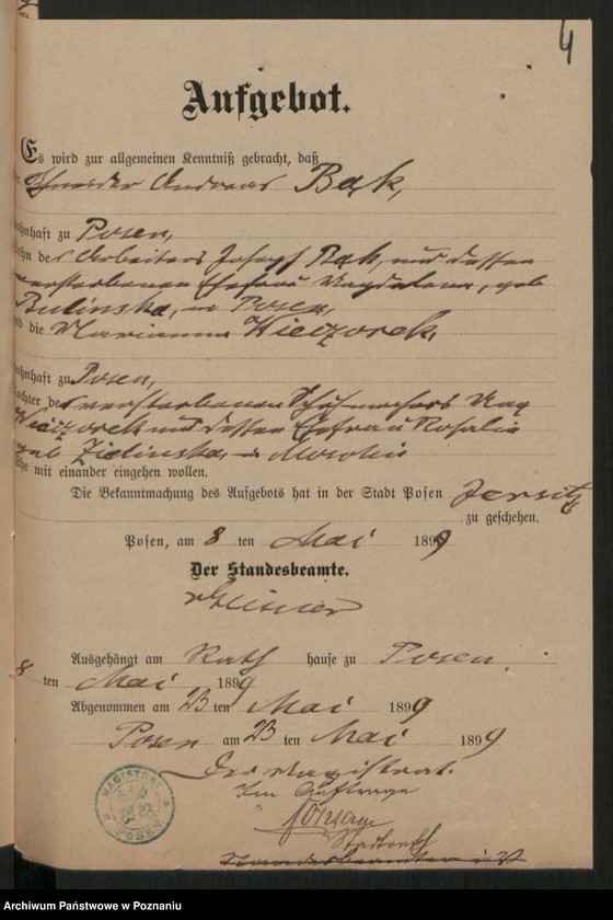 Obraz 6 z jednostki "Die von den Verlobten beigebrachten Urkunden zur Eheschliessung pro 1899"