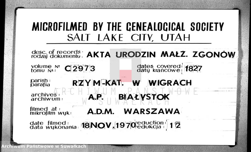 image.from.unit.number "Księga duplikat urodzonych, zaślubionych y zmarłych parafii wigierskiey z roku 1827"