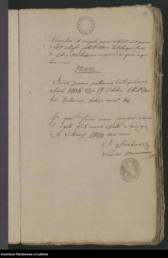 Obraz 18 z jednostki "Alegaty do księgi urodzeń, zapowiedzi, małżeństw i zgonów z 1820 r."