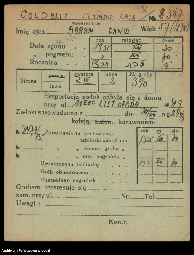 Obraz 9 z jednostki "Kartoteka osób pochowanych na cmentarzu żydowskim przy ulicy Brackiej w latach 1892-1954. Nazwiska na litery: Goldbl-Goldsz"