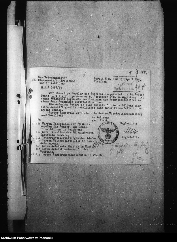 Obraz 9 z jednostki "Aufnahme der Schüler in die Oberschulen. Einsatz der Schüler in die Wehrmacht. Kinderlandverschicken. Auslese der Schülern."