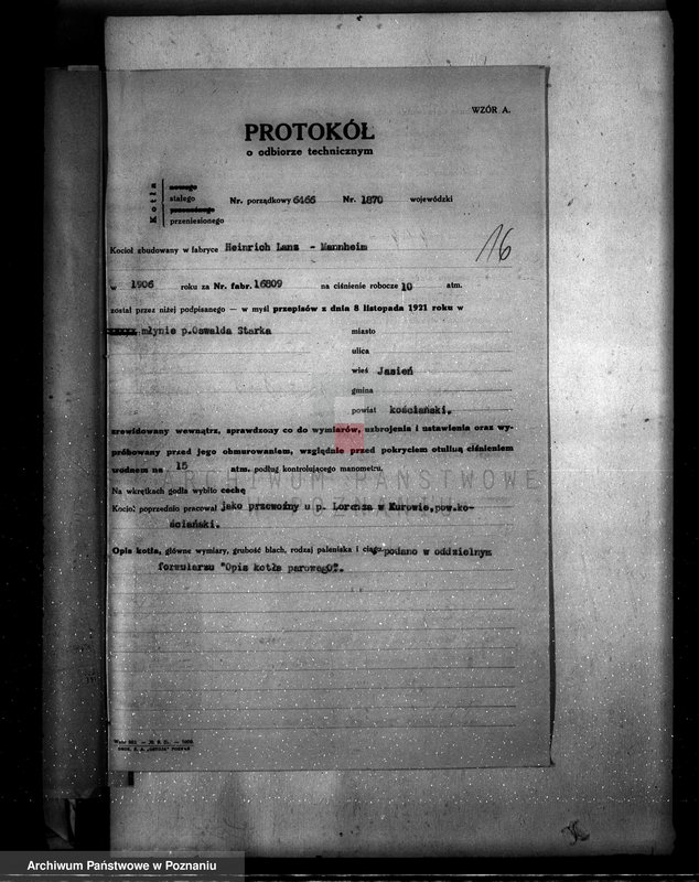 Obraz 20 z jednostki "Młyn parowy w Jasieniu pow. kościański własność O. Starke nadzór nad kotłami parowymi"