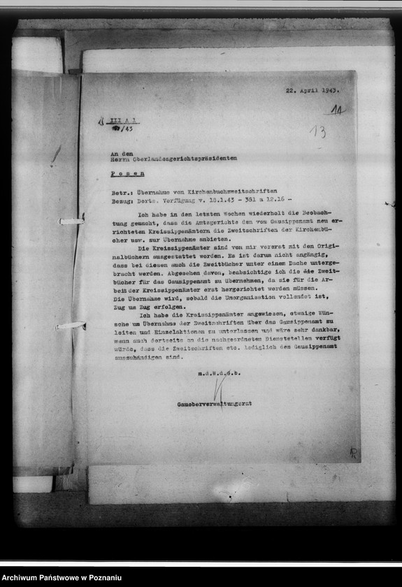 Obraz 17 z jednostki "Einziehung von Zweitbüchern. Schriftwechsel mit dem O.L.G und andere [korespondencja z władzami sądowymi w Poznaniu, spis sądów w okręgu poznańskim od 1941 roku]"