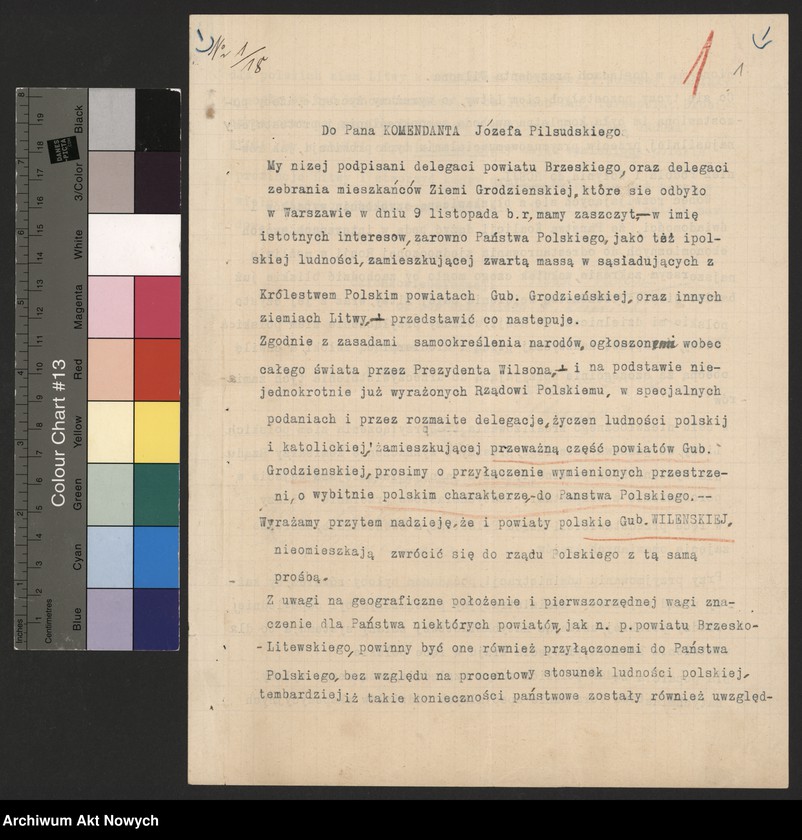 image.from.unit.number "Litwa, Suwalskie, Białostockie, Białoruś. Sytuacja tych ziem przed wycofaniem się okupantów niemieckich i wkroczeniem wojsk bolszewickich, po zajęciu przez armię rosyjską oraz po usunięciu jej z Wilna przez wojsko polskie. Rezolucje, memoriały, wyrazy czci, szacunku, podziękowania wraz z prośbami."