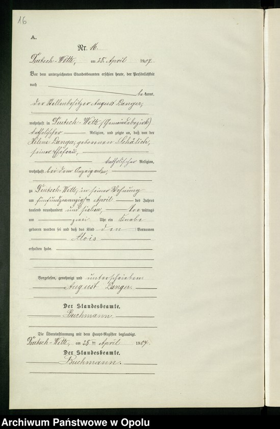 Obraz 20 z jednostki "Geburts-Neben-Register des Standesamts Deutsch Wette pro 1907"