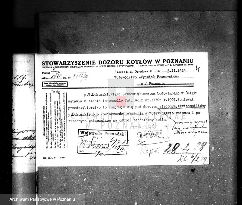 Obraz 8 z jednostki "Tartak w Śmiglu pow. kościański, własność W. Łukomskiego nadzór nad kotłem parowym"