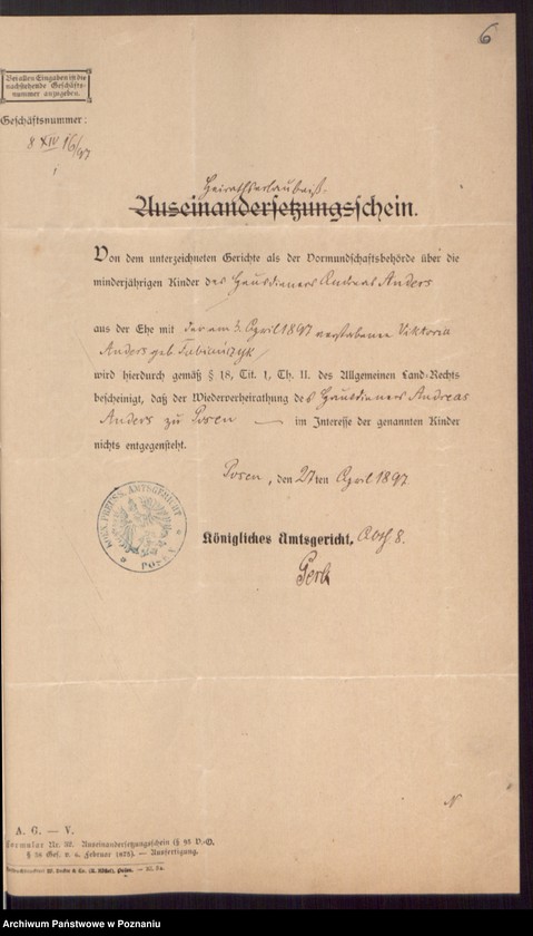 Obraz 8 z jednostki "Die von den Verlobten beigebrachten Urkunden zur Eheschliessung pro 1897"