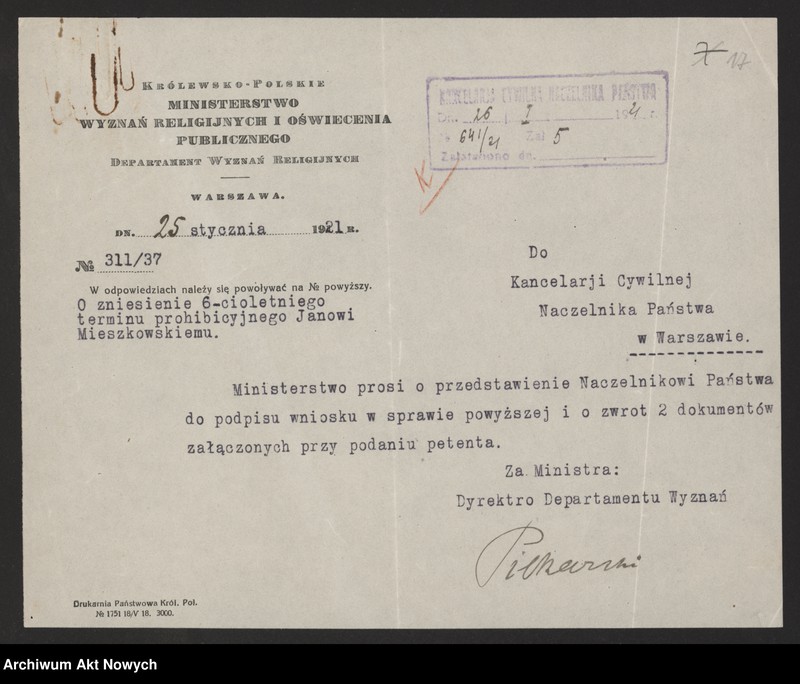 image.from.unit.number "Zniesienie wyroków Ewangelickich Sądów Konsystorskich: Augsburskiego i Reformowanego, o sześcioletnim terminie zakazu wstąpienia w ponowne związki małżeńskie oraz zakazu 10 miesięcznego.Reskrypty Naczelnika Państwa, wnioski, korespondencja z Min. Wyznań Religijnych i Oświecenia Publicznego"