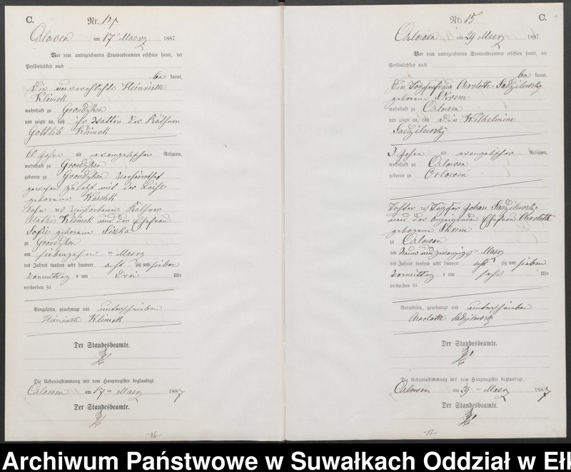 image.from.unit.number "Sterbe-Neben-Register des Preussischen Standes-Amtes [Orlowen] Kreis [Loetzen] für das Jahr 1887"