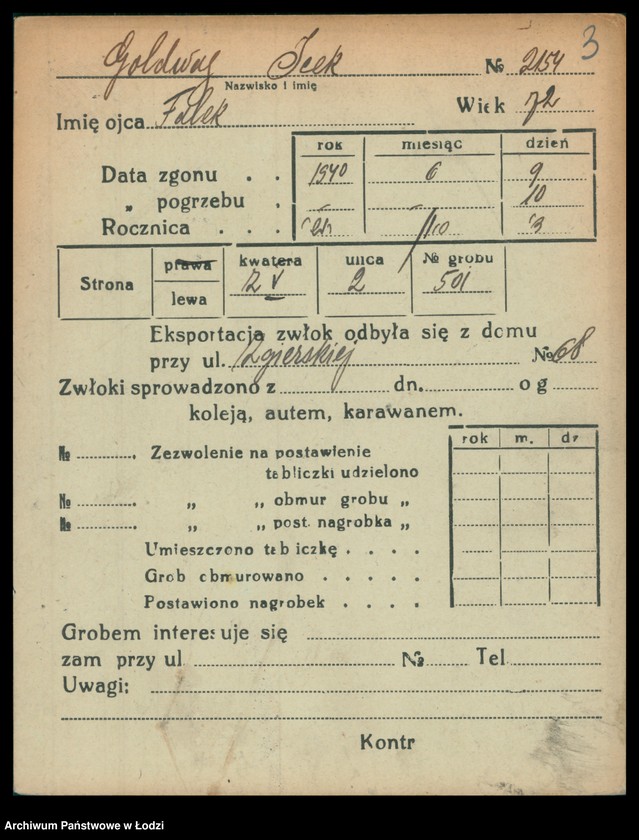 Obraz 4 z jednostki "Kartoteka osób pochowanych na cmentarzu żydowskim przy ulicy Brackiej w latach 1892-1959. Nazwiska na litery: Goldw-Gö"