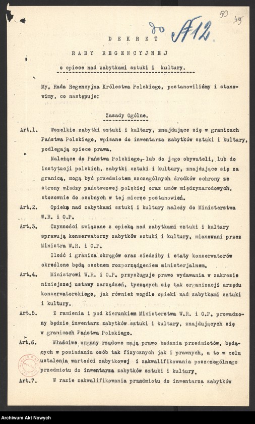 image.from.collection.number "Dekret Rady Regencyjnej o opiece nad zabytkami sztuki i kultury .111"