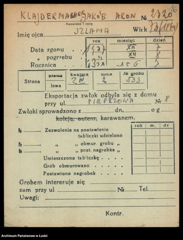 Obraz 17 z jednostki "Kartoteka osób pochowanych na cmentarzu żydowskim przy ulicy Brackiej w latach 1892-1959. Nazwiska na litery: Kl-Kn"