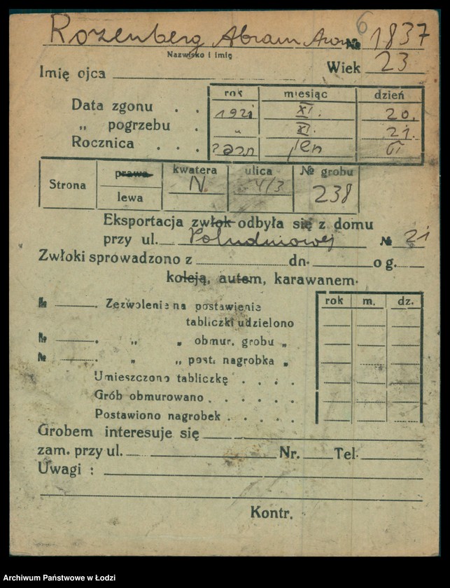 Obraz 7 z jednostki "Kartoteka osób pochowanych na cmentarzu żydowskim przy ulicy Brackiej w latach 1892-1954. Nazwiska na litery: Rozenbe-Rozenf"