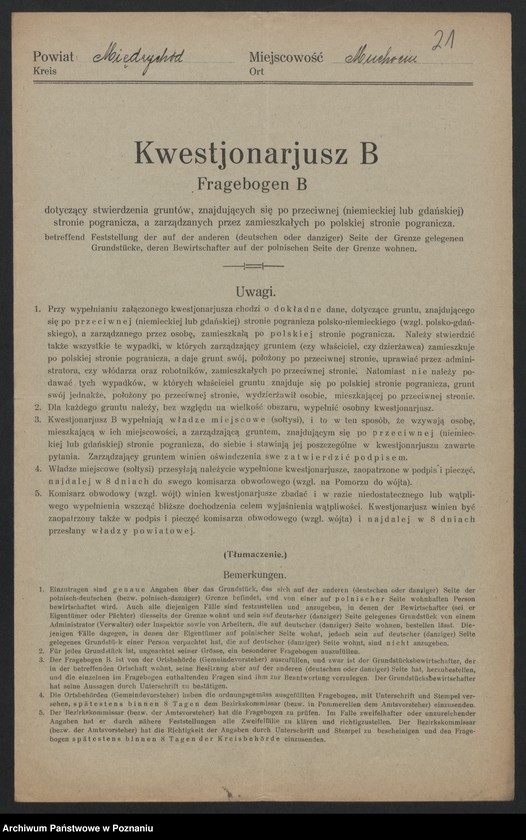 Obraz 18 z jednostki "[Kwestionariusze dotyczące stwierdzenia gruntów znajdujących się po niemieckiej stronie pogranicza a zarządzanych przez zamieszkałych po stronie polskiej] powiat Międzychód"