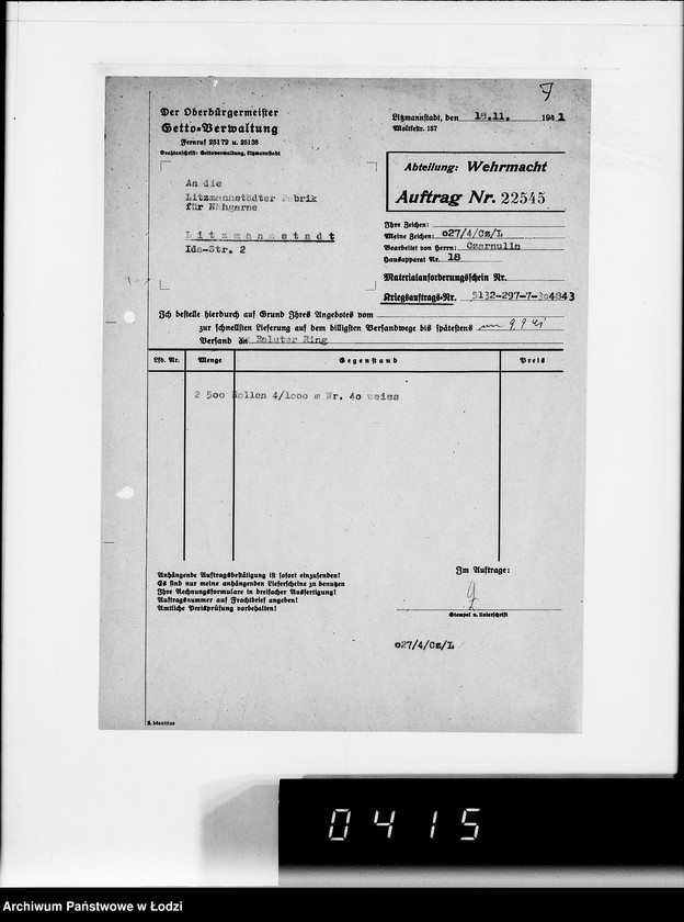 Obraz 11 z jednostki "Aufträge 22520-23089. Wehrmacht"