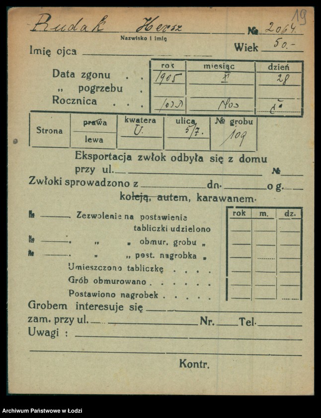 Obraz 20 z jednostki "Kartoteka osób pochowanych na cmentarzu żydowskim przy ulicy Brackiej w latach 1892-1956. Nazwiska na litery: Rubl-Rz"