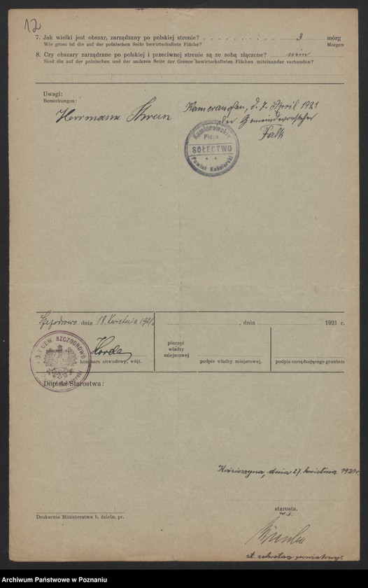 Obraz 11 z jednostki "[Kwestionariusze dotyczące stwierdzenia gruntów znajdujących się po niemieckiej stronie pogranicza a zarządzanych przez zamieszkałych po stronie polskiej] powiat kościański"