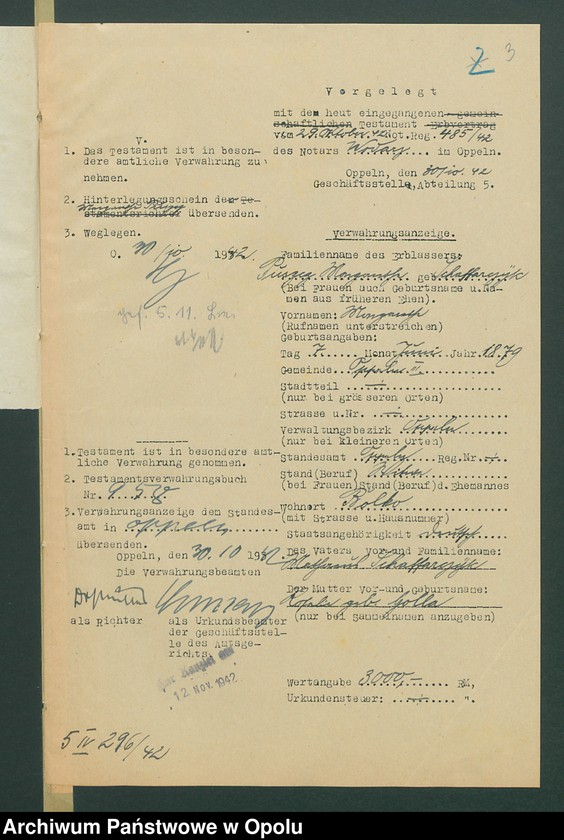 Obraz 6 z jednostki "Verfügung von Todes wegen der Margarethe Puszcz geboren Schaffarczyk in Bolko"