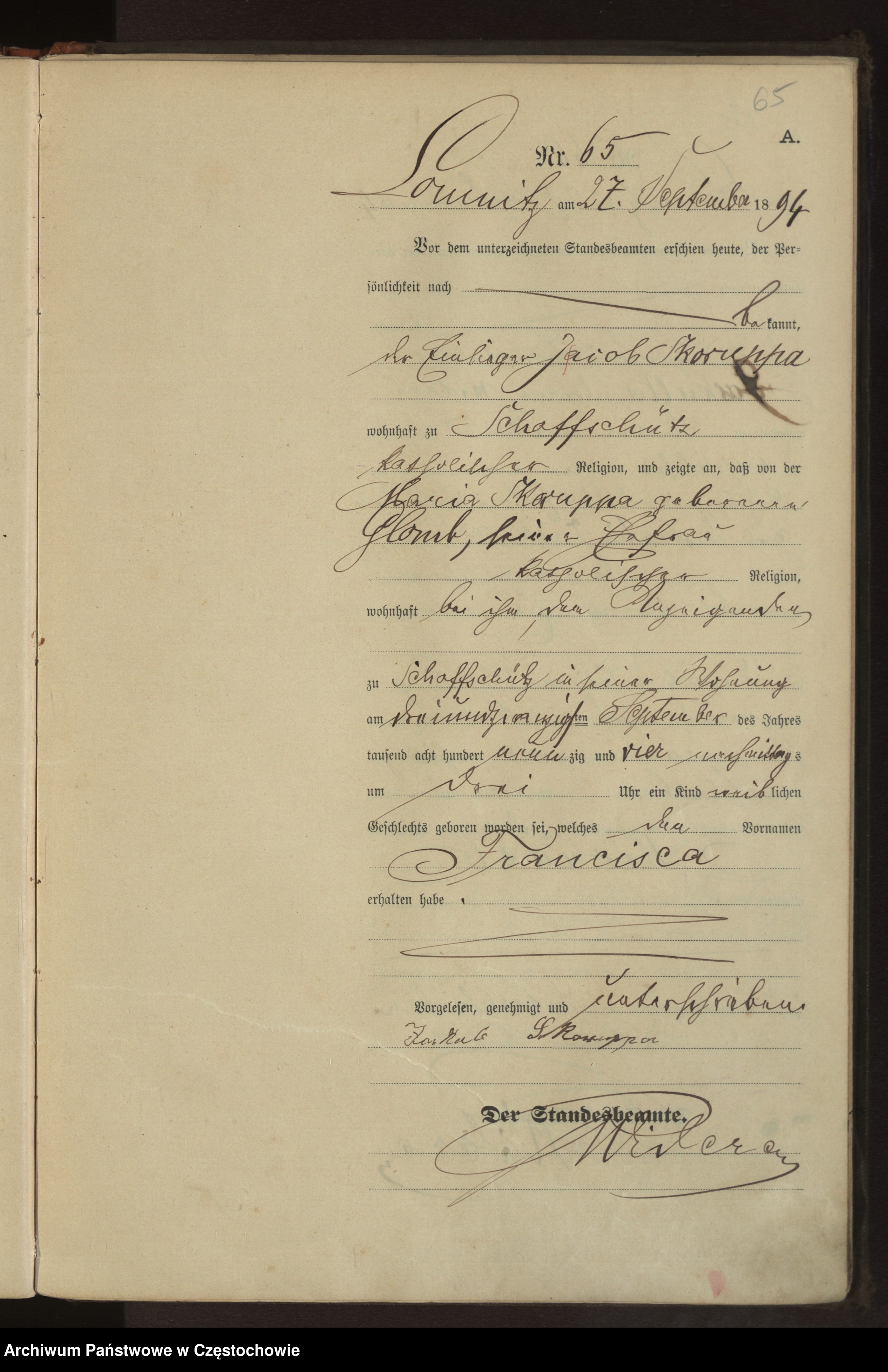 Skan z jednostki: Geburts - Haupt Register des Königlich Preussischen Standesamts Schoffschütz im Kreise Rosenberg pro 1894. Vol.21.