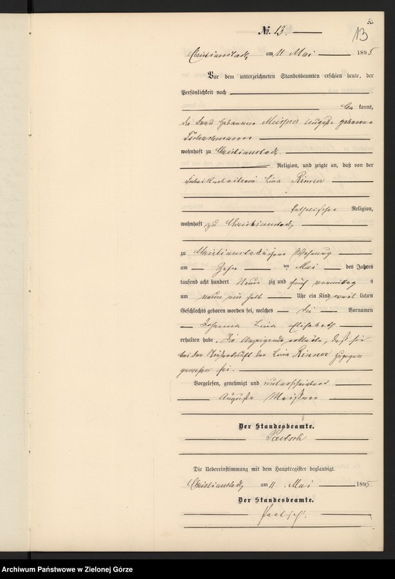 Obraz 16 z jednostki "Geburts-Neben-Register im Standes-Amt Christianstadt Kreis Sorau 1895"