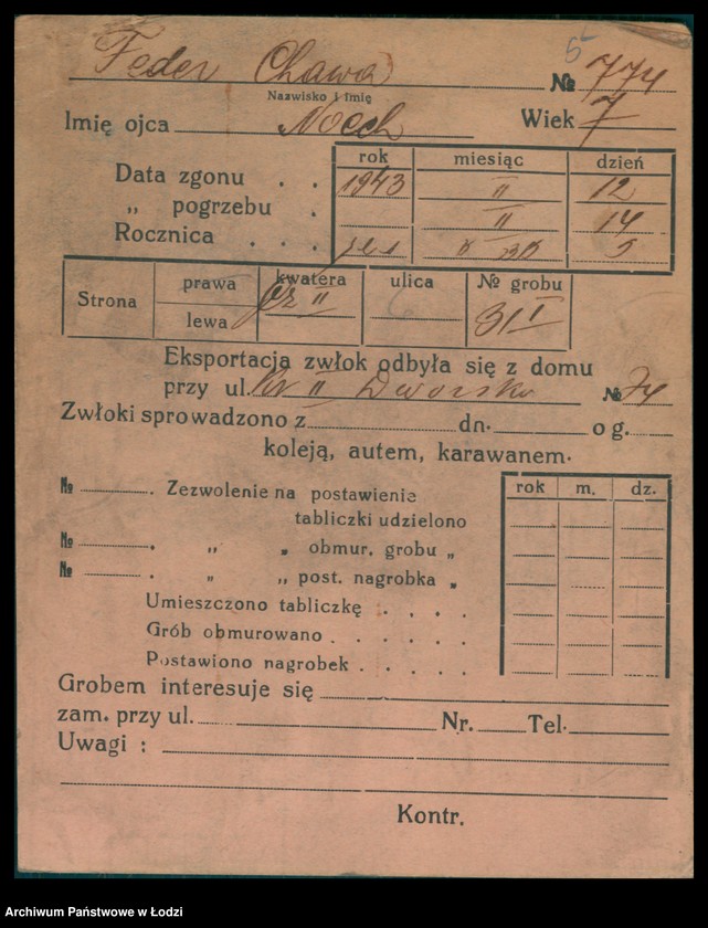 Obraz 6 z jednostki "Kartoteka osób pochowanych na cmentarzu żydowskim przy ulicy Brackiej w latach 1892-1961. Nazwiska na litery: Fe-Fisch"