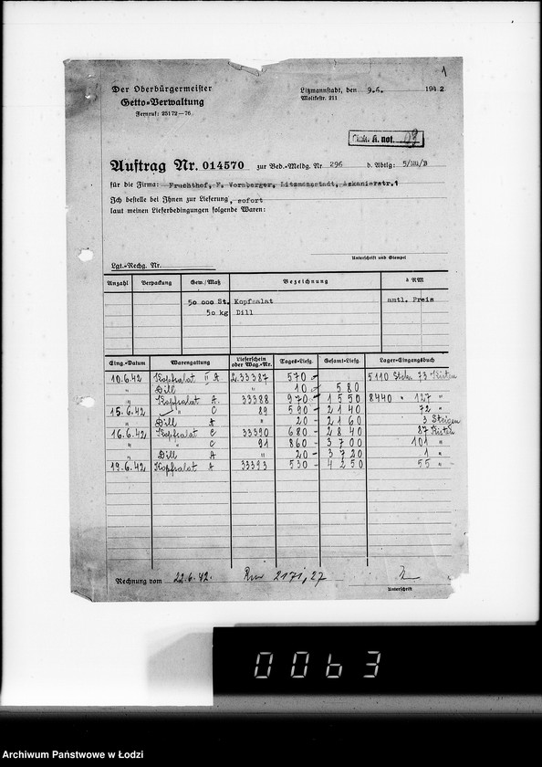 Obraz 5 z jednostki "Aufträge, Lieferscheinen und Rechnungen 14501-14570. [Zlecenia na produkty dla Getta. Rachunki, kwity przewozowe, korespondencja]"