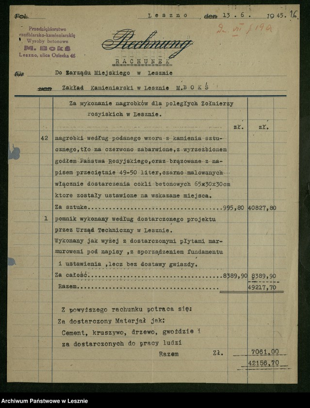 Obraz 14 z jednostki "[Sprawy budowy pomnika upamiętniającego poległych żołnierzy radzieckich i polskich, ufundowanie pamiątkowej tablicy w miejscu rozstrzelania 21 Polaków 21 X 1939 r., sprawy dbania o cmentarze i mogiły żołnierzy]"