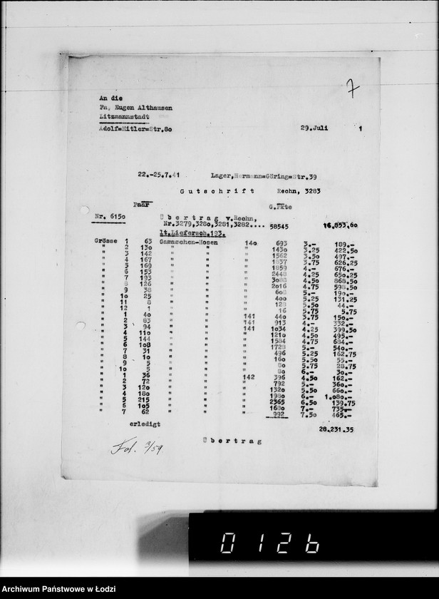 Obraz 11 z jednostki "Ausgehende Rechnungen [za dostawy towarów dla Getta]"