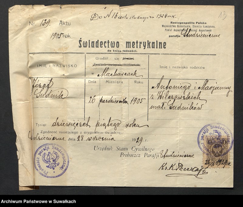 image.from.unit.number "Aneksa do Aktów Ślubnych Rz-Katolickiej parafji Wigierskiej za 1929 rok"