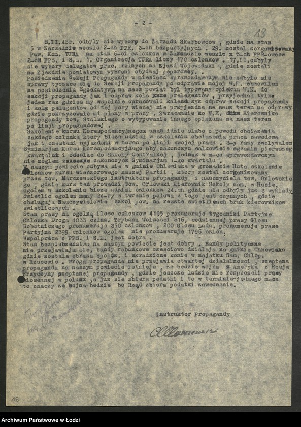 Obraz 19 z jednostki "Sprawozdania miesięczne instruktorów propagandy komitetów powiatowych i komitetów miejskich [z załącznikami za 1948 rok]"