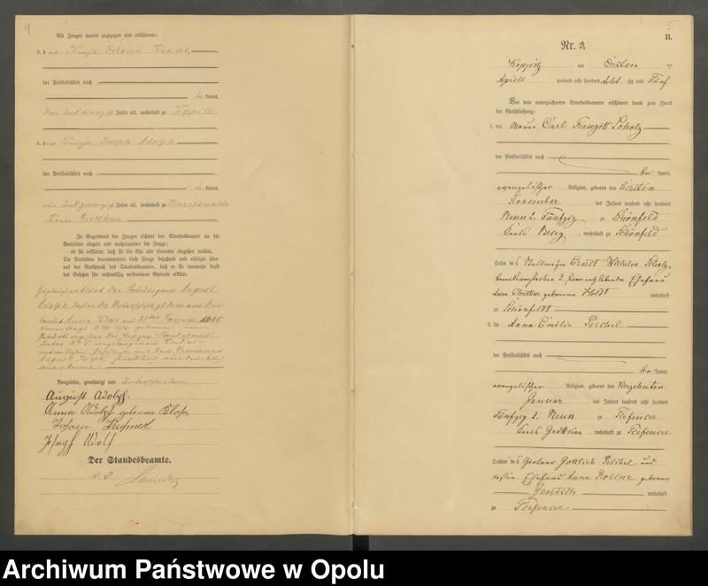 Obraz 5 z jednostki "Heiraths-Haupt-Register Standesamts Koppitz pro 1885"