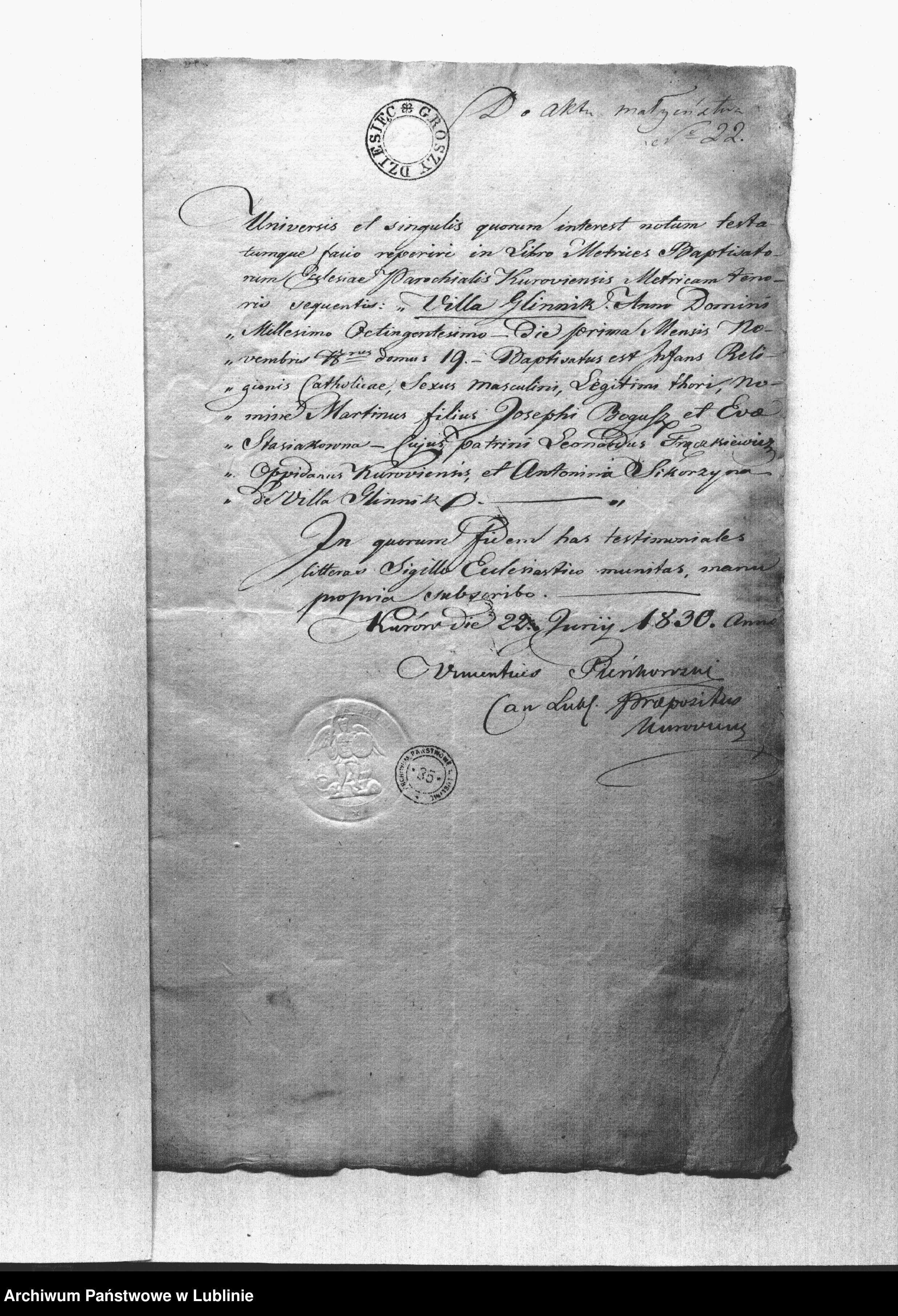 Skan z jednostki: Alegaty do księgi urodzeń, małżeństw i zgonów z 1830 roku