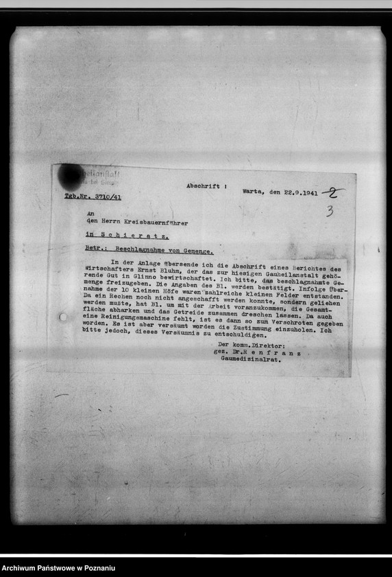 Obraz 7 z jednostki "Strafverfahren wegen Vermahlung von Brotgetreide - Gauheilanstalt Warta bei Sieradz."