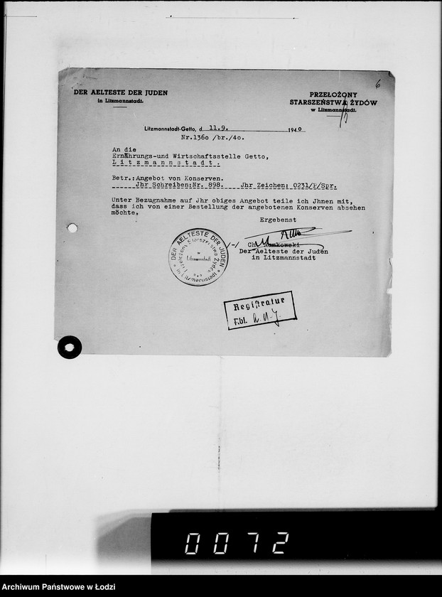 Obraz 10 z jednostki "Akten betr.Correspondenz mit dem Ältesten der Juden.Vom Schreiben Nr.1-1000"