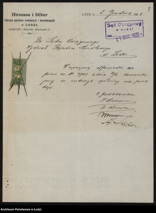 Obraz 10 z jednostki "Hirszon i Zylber- fabryka wyrobów bawełnianych i półwełnianych"