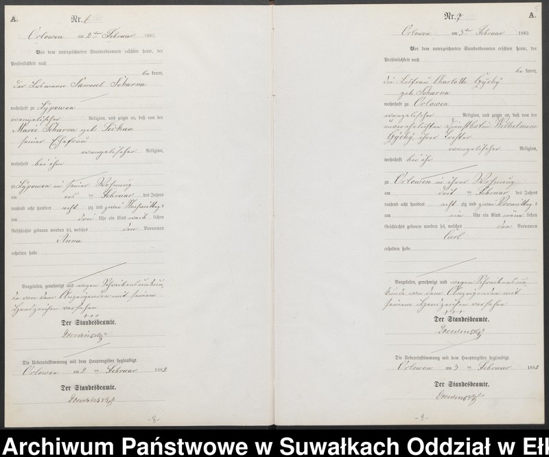 image.from.unit.number "Geburts-Neben-Register des Preussischen Standes-Amtes Orlowen Kreis Loetzen für das Jahr 1882"