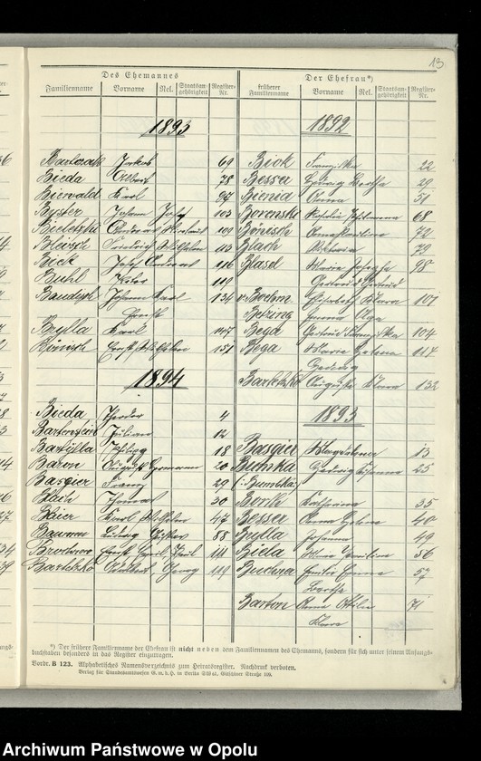 Obraz 16 z jednostki "[Skorowidz alfabetyczny do ksiag małżeństw USC Opole za lata 1881-1897]"