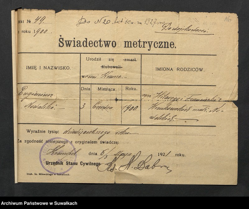 Obraz 18 z jednostki "Aneksa Aktów Ślubnych Rz-Katolickiej par. Wigierskiej za 1927 rok"