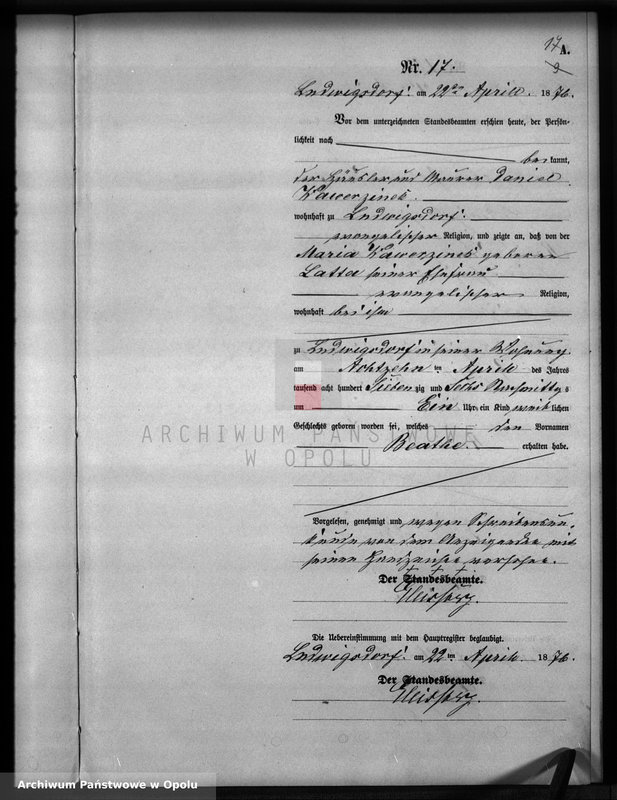 image.from.unit.number "Geburts-Neben-Register Standesamts Ludwigsdorf pro 1876"