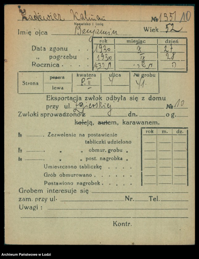 Obraz 11 z jednostki "Kartoteka osób pochowanych na cmentarzu żydowskim przy ulicy Brackiej w latach 1892-1956. Nazwiska na literę Ż"