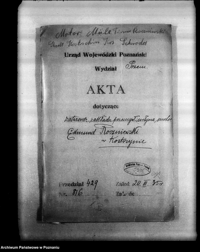 image.from.unit.number "Zatwierdzenie zakładu przemysłowego /młyna motorowego/ E. Raczniewskiego w Kostrzynie powiat średzki"