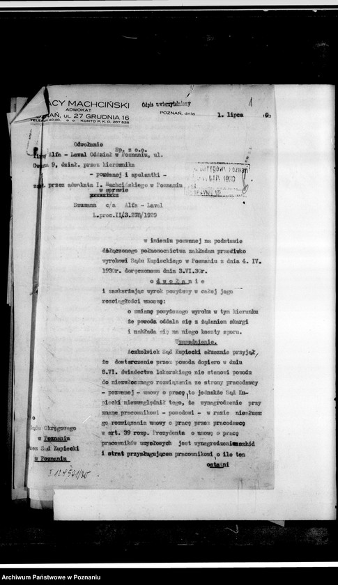 Obraz 5 z jednostki "Związek Pracowników Umysłowych - sprawa sporna L. Szuman c/a Tow. Alfa-Laval - spółka z o.o.- akta procesowe"