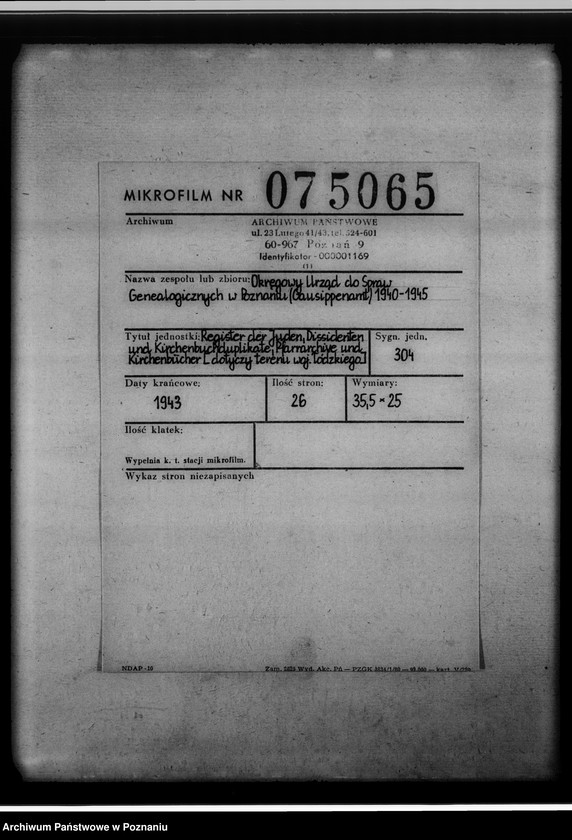 Obraz 2 z jednostki "Register der Juden, Dissidenten und Kirchenbuchduplikate, Pfarrarchive und Kirchenbücher [dotyczy terenu województwa łódzkiego]"