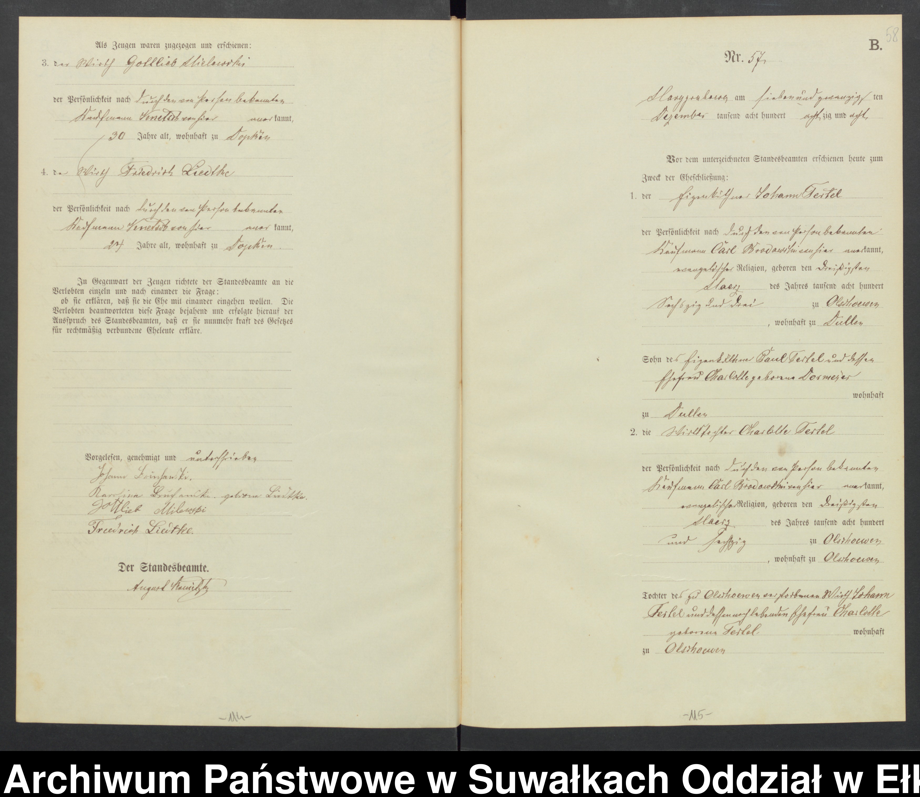 Skan z jednostki: Heiraths-Haupt-Register des Königlichen Preussischen Standesamtes Landbezirk Marggrabowa Kreis Oletzko