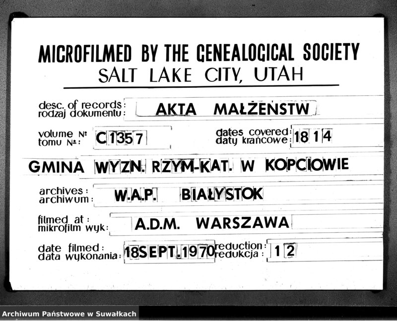 Obraz 1 z jednostki "Akta Zaślubionych Gminy Kopciowskiey od 1-go Stycznia 1814 R do ostatniego Grudnia tegoż Roku"